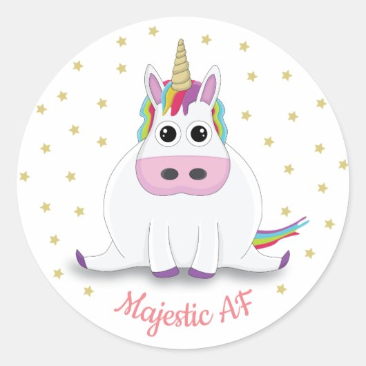 Majestic AF Cute chubby Unicorn en stars cartoon Ronde Sticker (Voorkant)