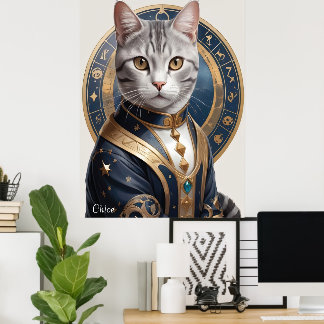 Majestic Amerikaanse Korthaar Kat in Blauw en Goud Poster