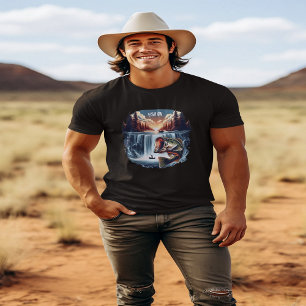 Majestic Bass springen over waterval bij zonsonder T-shirt