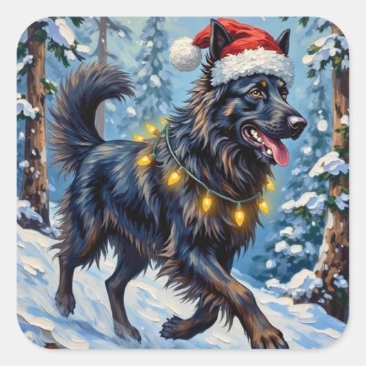 Majestic Belgian Shepherd Snow Forest Christmas Vierkante Sticker (Voorkant)
