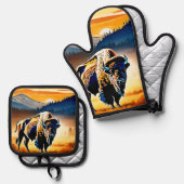 Majestic Bison Sunset Ovenwant & Pannenlap Set (Voorkant / Achterkant)