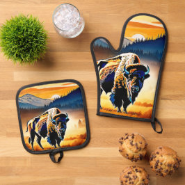 Majestic Bison Sunset Ovenwant & Pannenlap Set