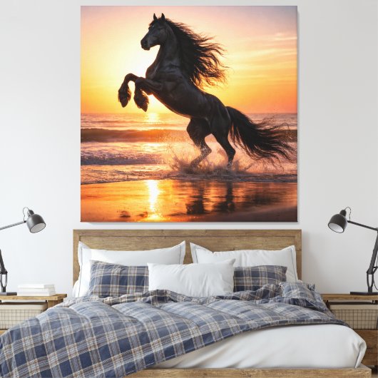 Majestic Black Friesian Horse Sunset Ocean Canvas Afdruk (Insitu (Slaapkamer))