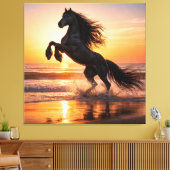 Majestic Black Friesian Horse Sunset Ocean Canvas Afdruk (Insitu (Woonkamer))