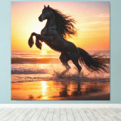 Majestic Black Friesian Horse Sunset Ocean Canvas Afdruk (Insitu (Houten vloer))