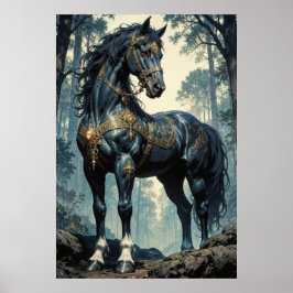 Majestic Black Stallion Forest Wall Art Poster