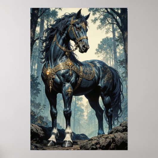 Majestic Black Stallion Forest Wall Art Poster (Voorkant)