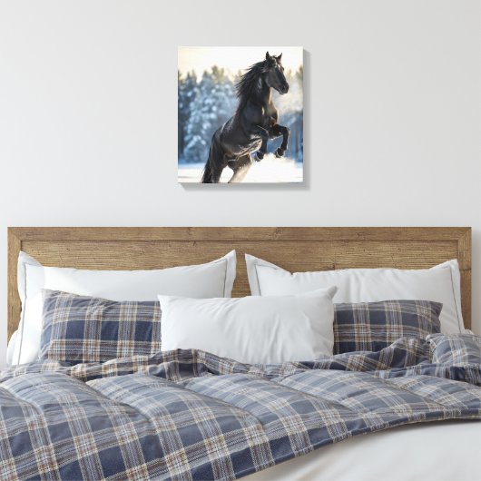 Majestic Black Stallion in Winter Snow Canvas Afdruk (Insitu (Slaapkamer))