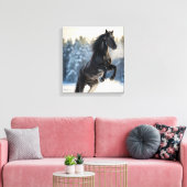 Majestic Black Stallion in Winter Snow Canvas Afdruk (Insitu (Woonkamer))