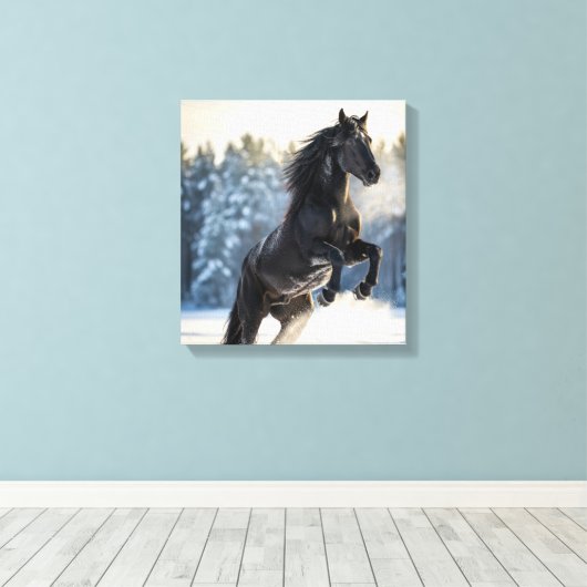 Majestic Black Stallion in Winter Snow Canvas Afdruk (Insitu (Houten vloer))