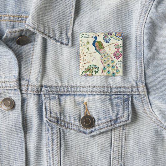 Majestic Blue Peacock Vierkante Button 5,1 Cm (In situ)