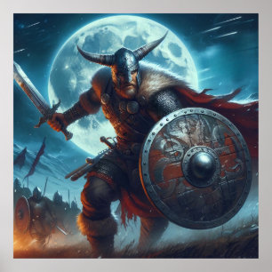Majestic Blue-Toned maanverlichte Vikingscene Poster