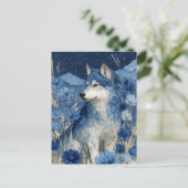 Majestic Blue Wolf in Starry Blossom Garden Briefkaart (Staand voorkant)