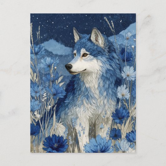 Majestic Blue Wolf in Starry Blossom Garden Briefkaart (Voorkant)