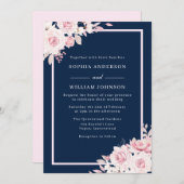 Majestic Blush & Navy Floral Waterverf Wedding Kaart (Voorkant / Achterkant)