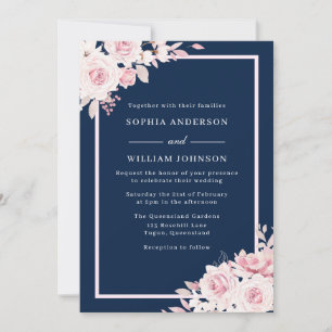 Majestic Blush & Navy Floral Waterverf Wedding Kaart