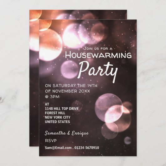 Majestic Bokeh Lights, Housewarming Party Invite Aankondiging (Voorkant / Achterkant)
