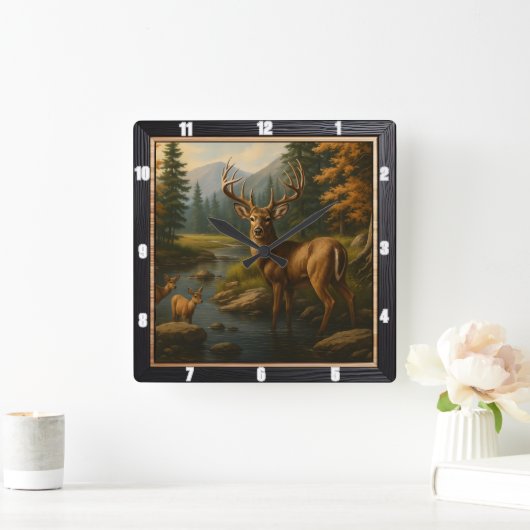 Majestic Buck Forest Stream Vierkante Klok (Huis)