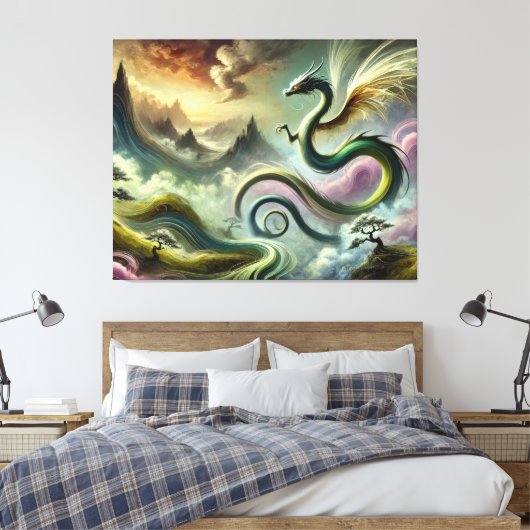 Majestic Celestial Dragon Over Fantasy Mountains Canvas Afdruk (Insitu (Slaapkamer))