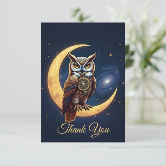 Majestic Clockwork Owl Perched On A Crescent Moon Bedankkaart (Staand voorkant)