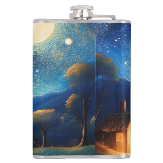 Majestic Cottage Under Moon Flask Heupfles (Achterkant)