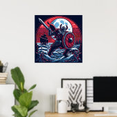 Majestic Crimson-Navy Viking bij maanlicht Poster (Thuiskantoor)