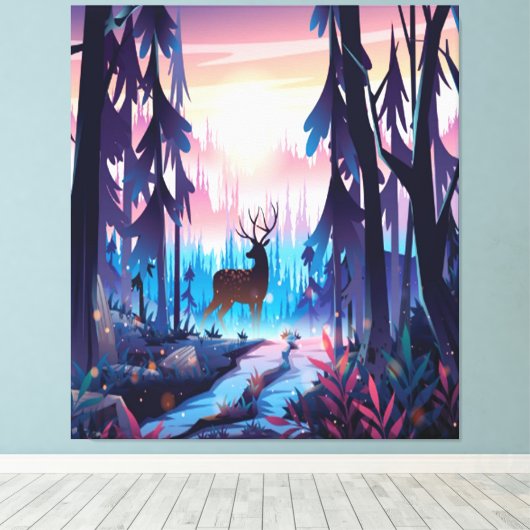 Majestic Deer at Sunrise – Enchanted Forest Canvas Afdruk (Insitu (Houten vloer))