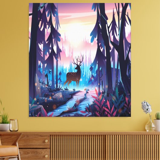 Majestic Deer at Sunrise – Enchanted Forest Canvas Afdruk (Insitu (Woonkamer))