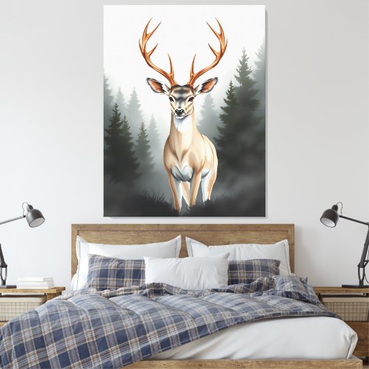 Majestic Deer in Misty Forest – Tranquil Wildlife Canvas Afdruk (Insitu (Slaapkamer))