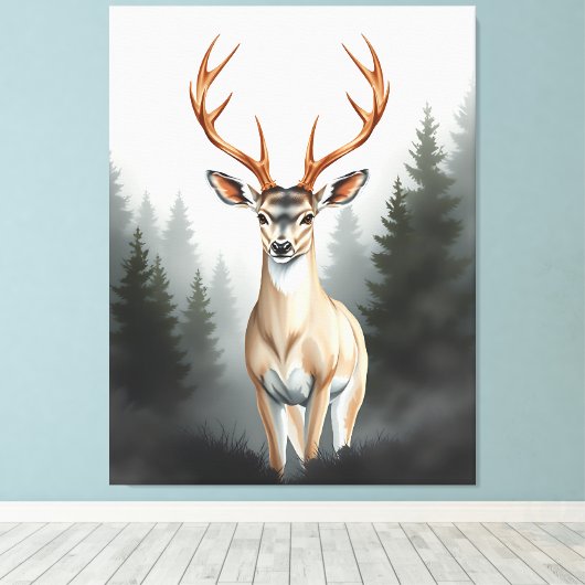 Majestic Deer in Misty Forest – Tranquil Wildlife  Canvas Afdruk (Insitu (Houten vloer))