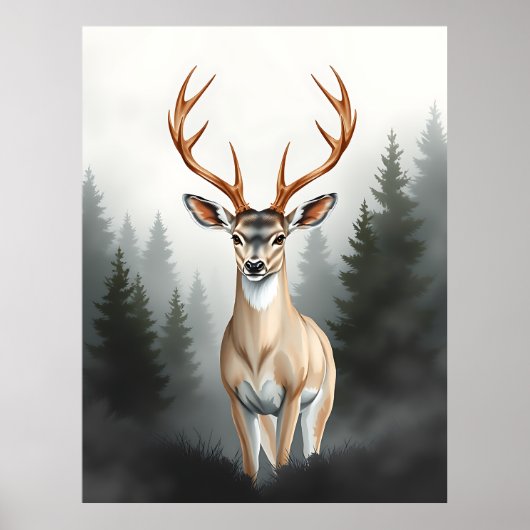 Majestic Deer in Misty Forest – Tranquil Wildlife Poster (Voorkant)