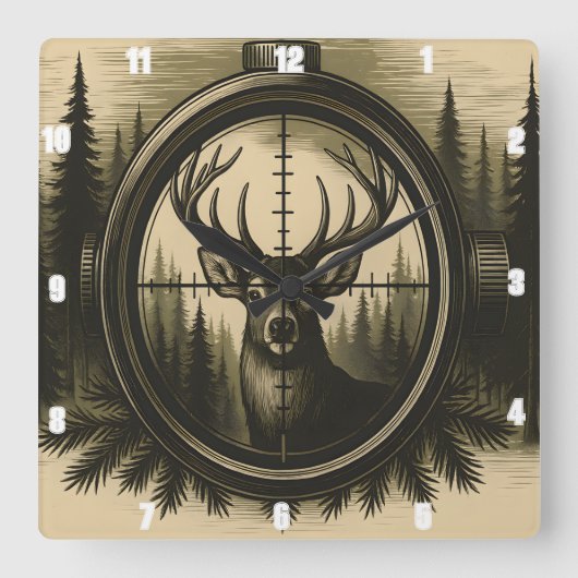 Majestic Deer Rifle Scope Forest Vierkante Klok (Voorkant)