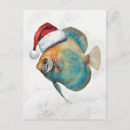 Majestic Discus Fish in Santa Hat Watercolor Feestdagenkaart