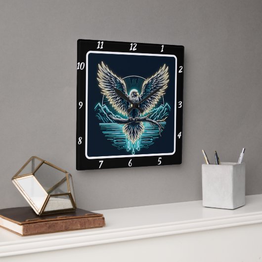 Majestic Eagle Neon Glow Vierkante Klok (Kantoor)