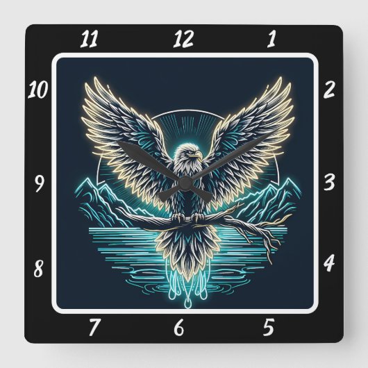Majestic Eagle Neon Glow Vierkante Klok (Voorkant)