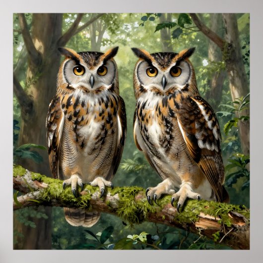 Majestic Eagle Owls Forest Perch Poster (Voorkant)