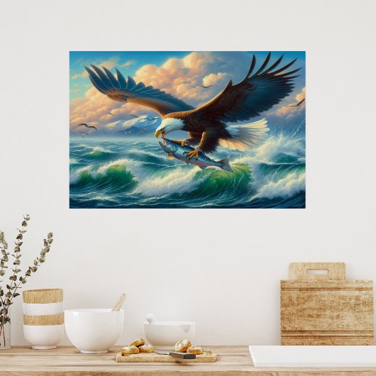 Majestic Eagle Swooping Down to Catch Fish Poster (Keuken)