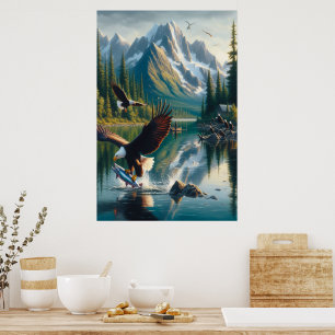 Majestic Eagle vangen vis bij zonsopgang Poster