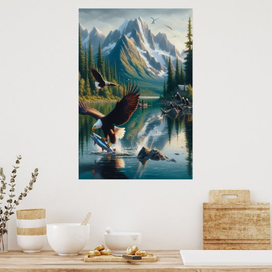 Majestic Eagle vangen vis bij zonsopgang Poster (Keuken)