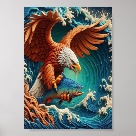Majestic Eagle Vist in een golf 7x5 Poster (Voorkant)