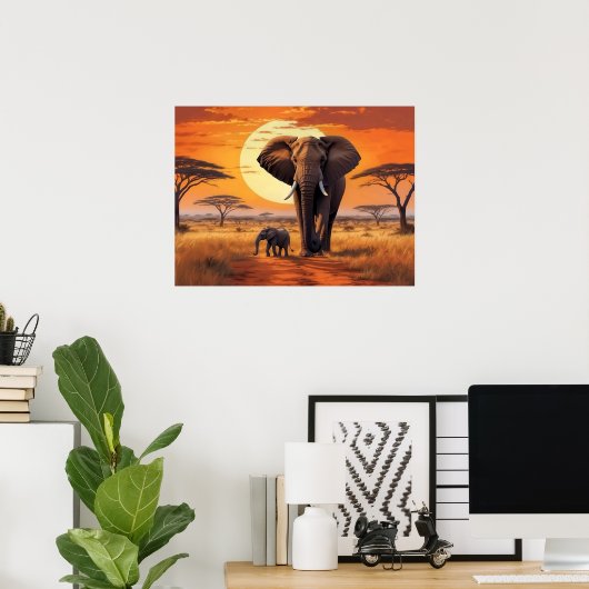 Majestic Elephant and Calf African Sunset Poster (Thuiskantoor)