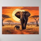 Majestic Elephant and Calf African Sunset Poster (Voorkant)