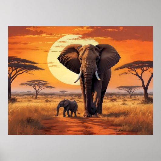 Majestic Elephant and Calf African Sunset Poster (Voorkant)