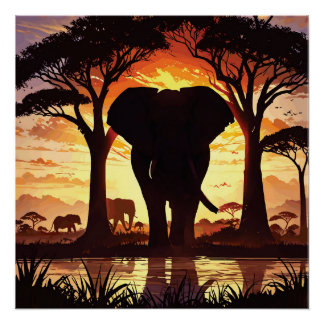 Majestic Elephant at Sunset in the African Savanna Perfect Poster