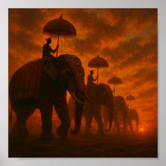Majestic Elephant Procession - Sunset Silhouette Poster (Voorkant)