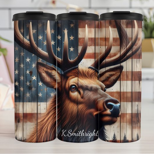 Majestic Elk Amerikaanse vlag hout Thermosbeker
