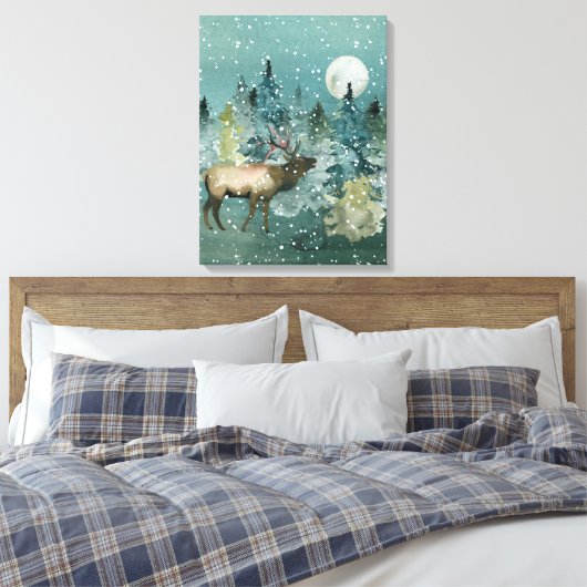Majestic Elk Forest Full Moon Snowfall Canvas Afdruk (Insitu (Slaapkamer))