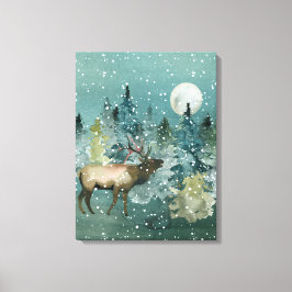 Majestic Elk Forest Full Moon Snowfall Canvas Afdruk