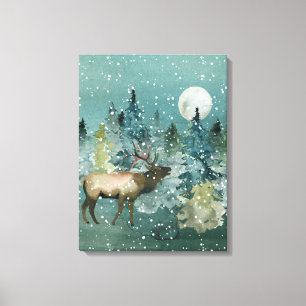 Majestic Elk Forest Full Moon Snowfall Canvas Afdruk
