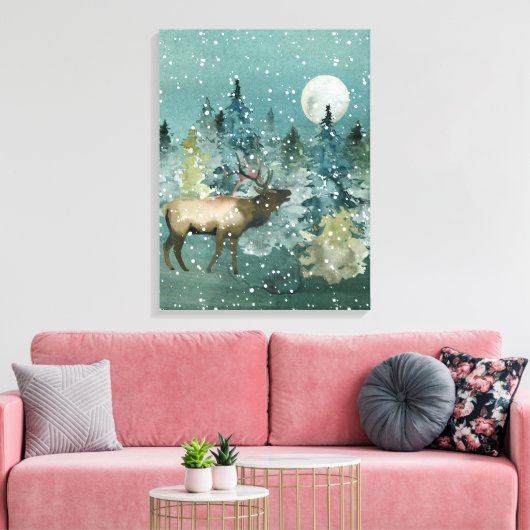 Majestic Elk Forest Full Moon Snowfall Canvas Afdruk (Insitu (Woonkamer))